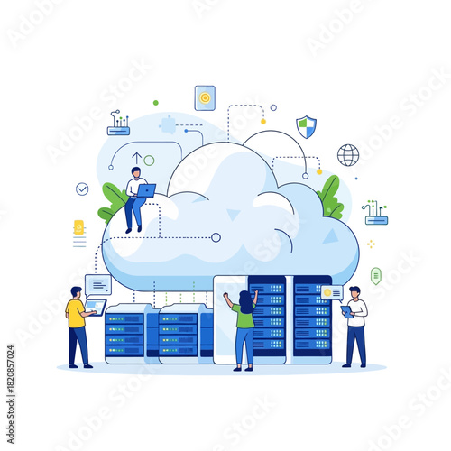 Illustration depicting cloud computing, data servers, and individuals interacting with technology.