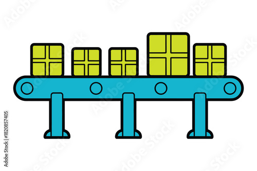 Boxes of various sizes are lined up and moving along a bright blue conveyor belt in a stylized illustration.
