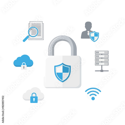 Digital security concept with padlock and cloud icons.