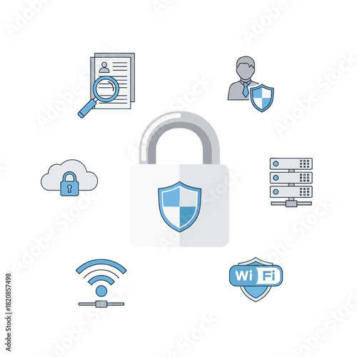 Cybersecurity and data protection concept with a central padlock surrounded by security icons like cloud, server, and user.