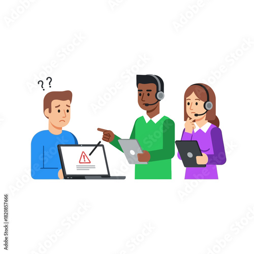 Technical support team helping a confused user with a critical error on his laptop.