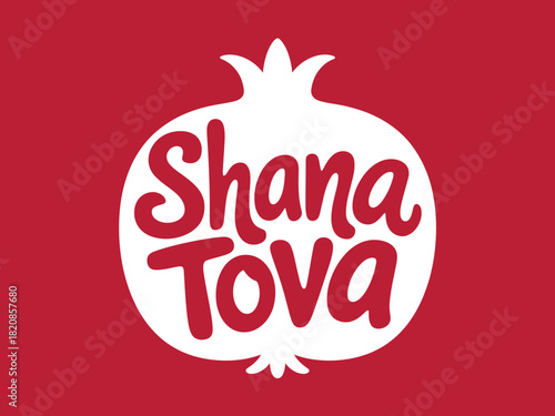 A white stylized pomegranate with the text 'Shana Tova' in white script inside is set against a solid red background, symbolizing the Jewish New Year.