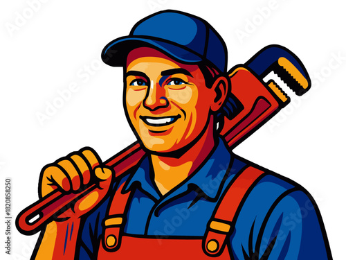 happy plumber in uniform with a large red pipe wrench, ideal for trade or service concepts. Generative ai vector colorful pop art illustration.