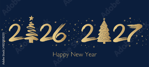 Happy New Year 2026, 2027 Greeting Card with Golden Brush Strokes	
