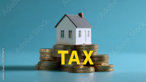 House model on stacked coins with tax text symbolizing property tax concept and financial burden