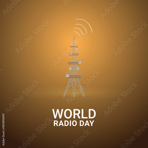 World Radio Day vector illustration with a transmitter tower broadcasting signal concept of global communication technology 