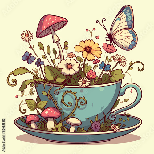 Whimsical Teacup Garden with Butterfly and Mushrooms