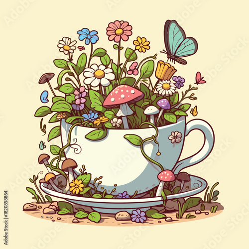 Whimsical Teacup Garden with Mushrooms and Butterfly