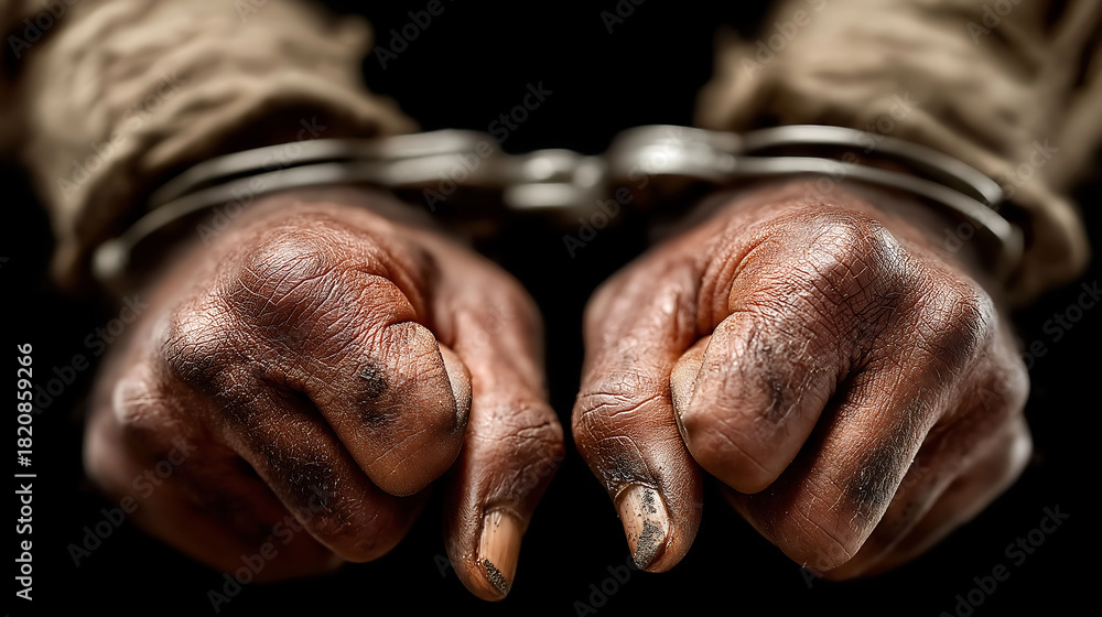 Fototapeta premium Close-up of hands in metal handcuffs, realistic skin texture, clean fingernails, neutral clothing, soft lighting, black background