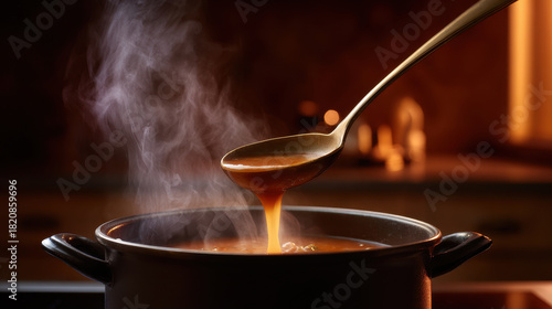 Hot soup in black pot with ladle pouring liquid and steam rising in warm kitchen light