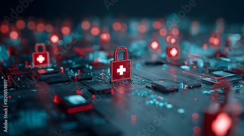 Digital security with medical cross padlocks on circuit board