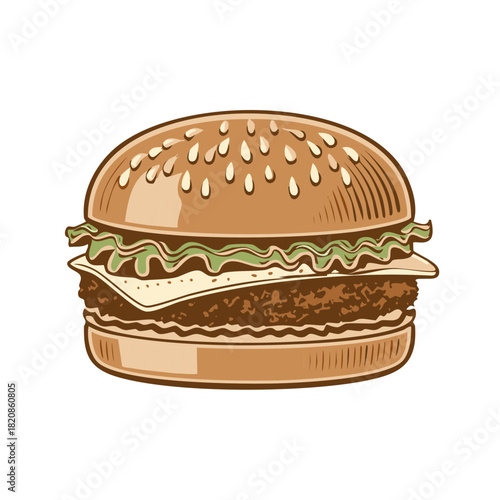 Stylized illustration of a classic hamburger with sesame seed bun cheese and lettuce