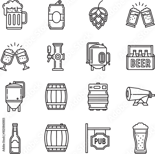 Black outline vector icons of craft beer brewing, pub equipment, hop cones, mugs, and alcoholic beverage elements.