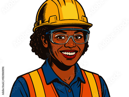 cheerful woman in safety gear, representing construction work, engineering, and industrial professions. Generative ai vector colorful pop art illustration.