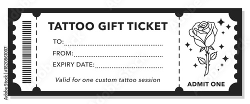 Tattoo gift ticket template with rose illustration and admit one voucher design. Digital coupon for tattoo studio