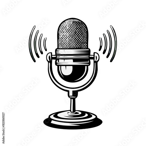 Vintage style microphone with sound waves illustration for broadcasting and podcasting