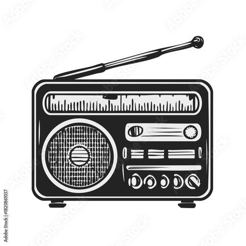 Monochrome illustration of an old radio receiver with an antenna and round speaker