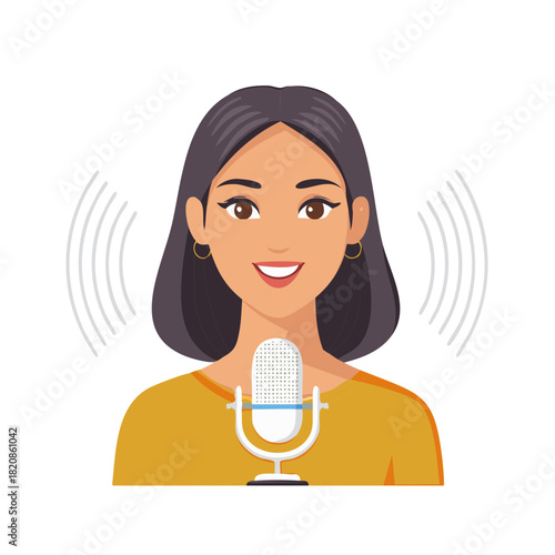 Happy young woman speaking into a vintage microphone with sound waves broadcasting a message