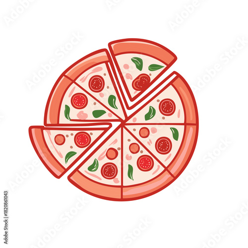 Illustrated pizza with tomato slices, basil leaves and cut slices, food vector illustration.