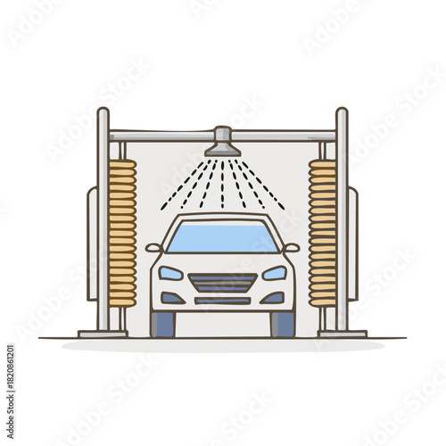 Cartoon Style Illustration of Car Going Through Automated Car Wash with Water Spray and Brushes