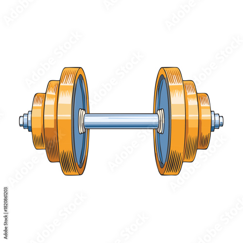 Stylized cartoon barbell illustration with orange weights and blue details