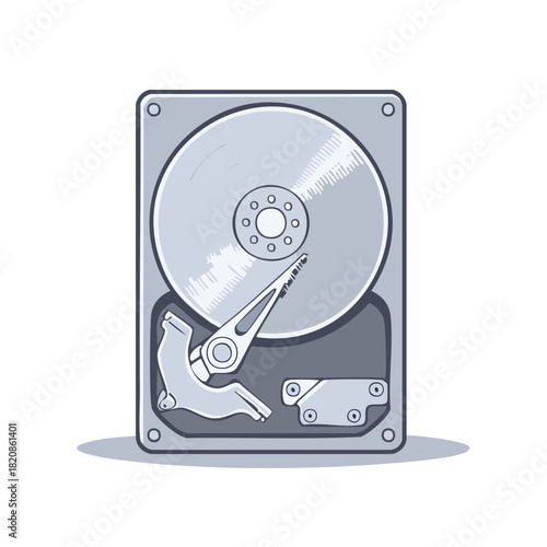 Digital illustration of an open hard disk drive with platter and read write head mechanism