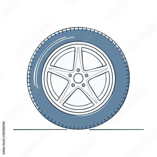 Detailed illustration of a modern car wheel with a five spoke alloy rim and tire
