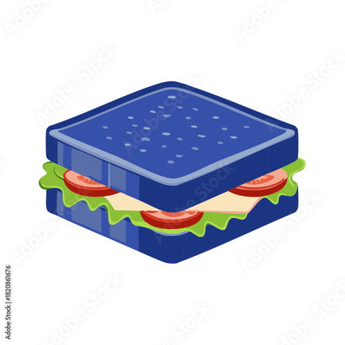 Stylized blue sandwich illustration with cheese lettuce and tomato slices