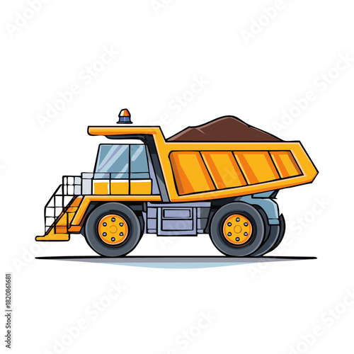 Yellow mining dump truck carrying dirt with large wheels and cab