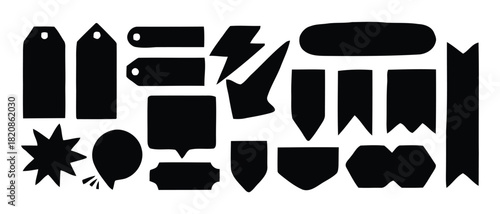 Assorted black silhouette shapes of tags banners and speech bubbles on white background