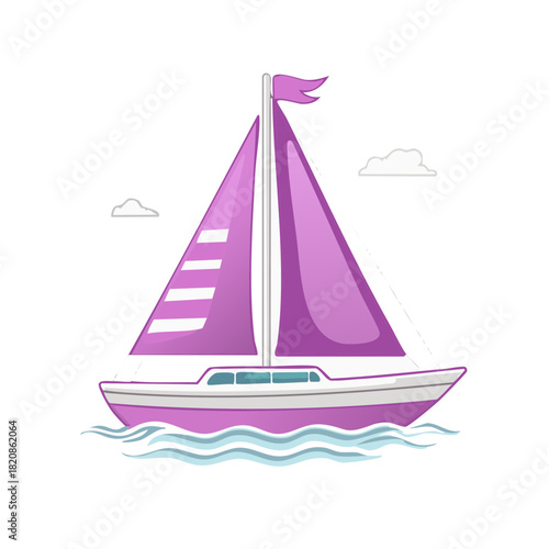 Cartoon sailboat with purple sails and water, sailing on the sea or ocean