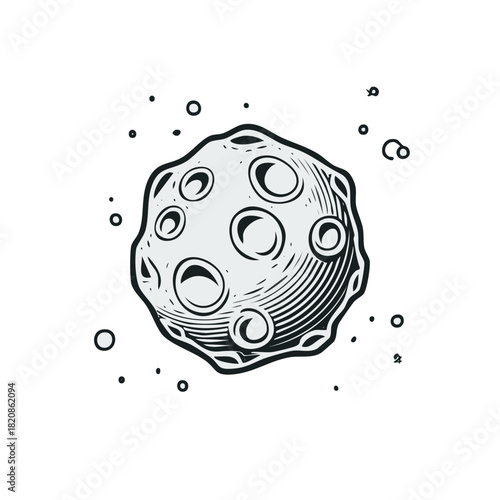 Retro Style Asteroid with Craters and Space Rocks Hand Drawn Cosmic Illustration