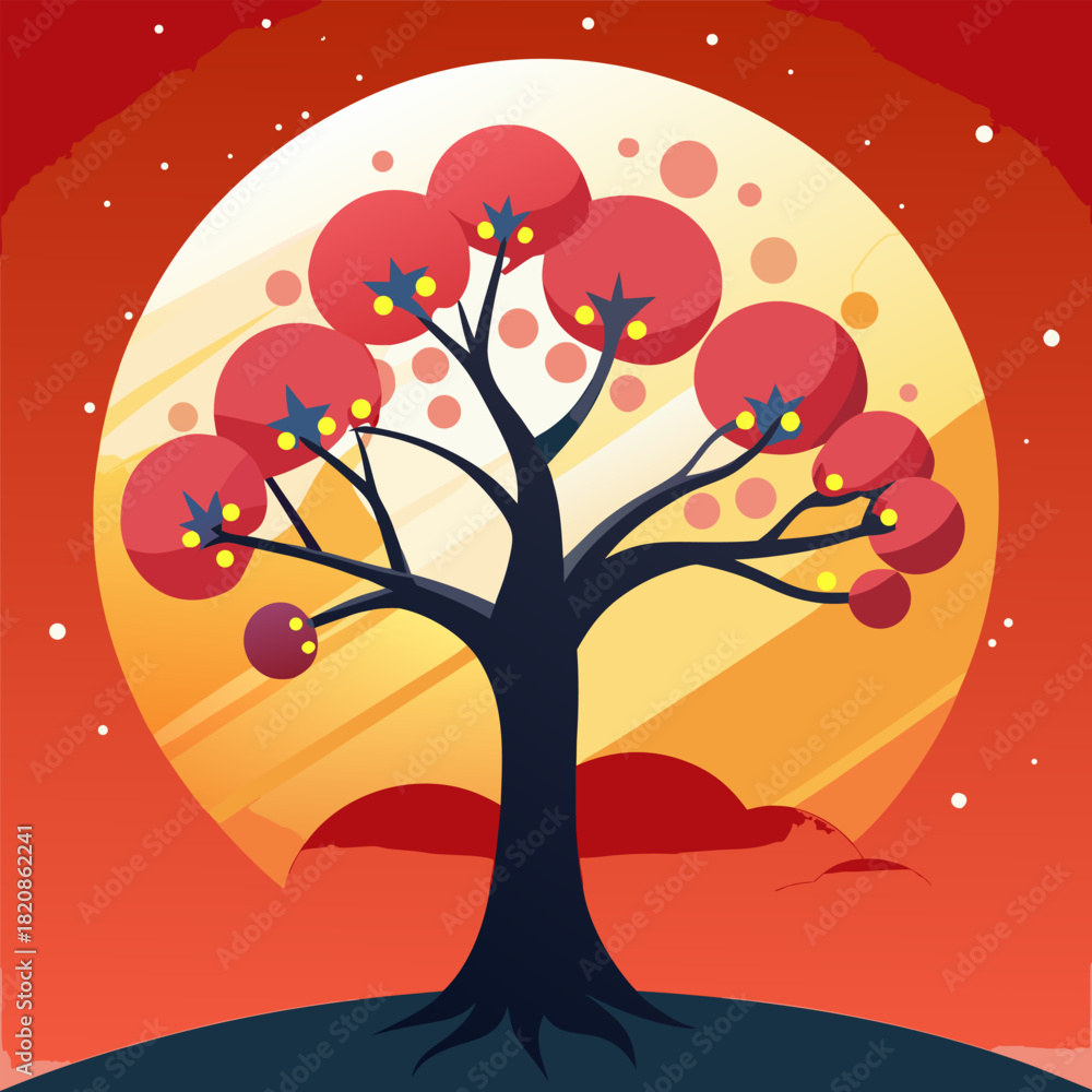 Fototapeta premium Stylized dark tree with bright red fruit against a huge orange moon
