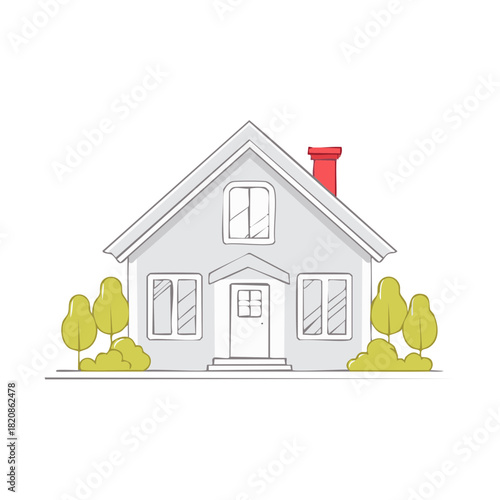 Simple hand drawn illustration of a charming suburban house with green trees and bushes a cozy home sketch