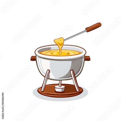 Cheese fondue pot with dipping fork, hot melted cheese pouring, culinary illustration