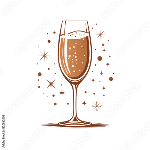 Festive brown champagne flute illustration with bubbles and twinkling stars