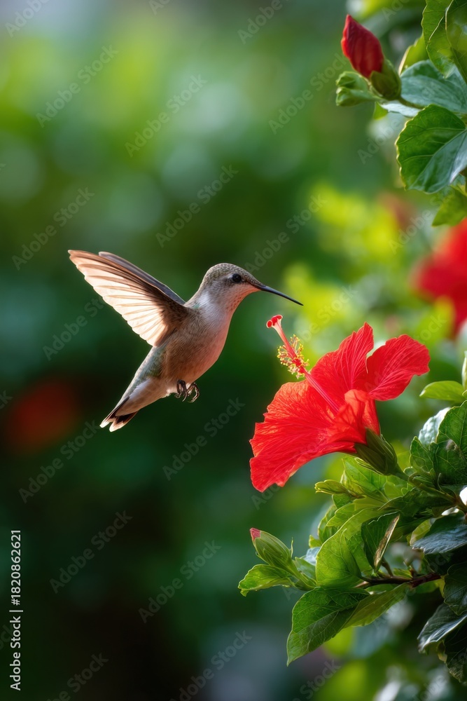 Fototapeta premium Hummingbird hovering by vibrant red hibiscus flower in lush garden setting