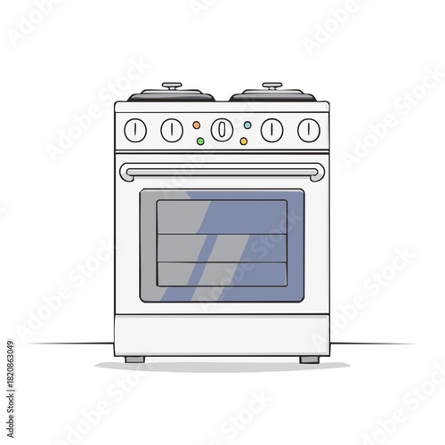 Illustration of a white oven with stovetop and oven door, in cartoon style