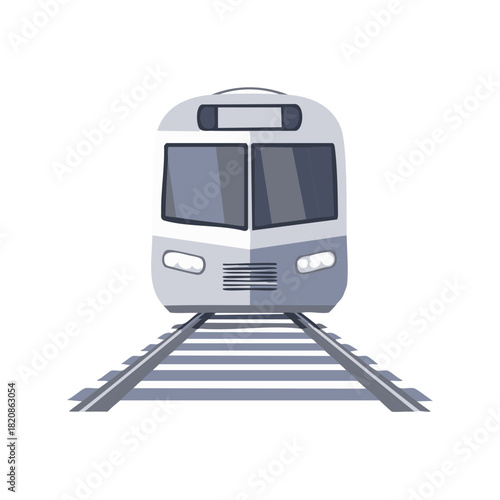 Modern passenger train on railway tracks front view illustration