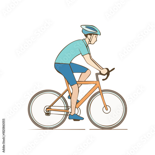 Athletic man in helmet cycling road bike with colorful design and blue shorts