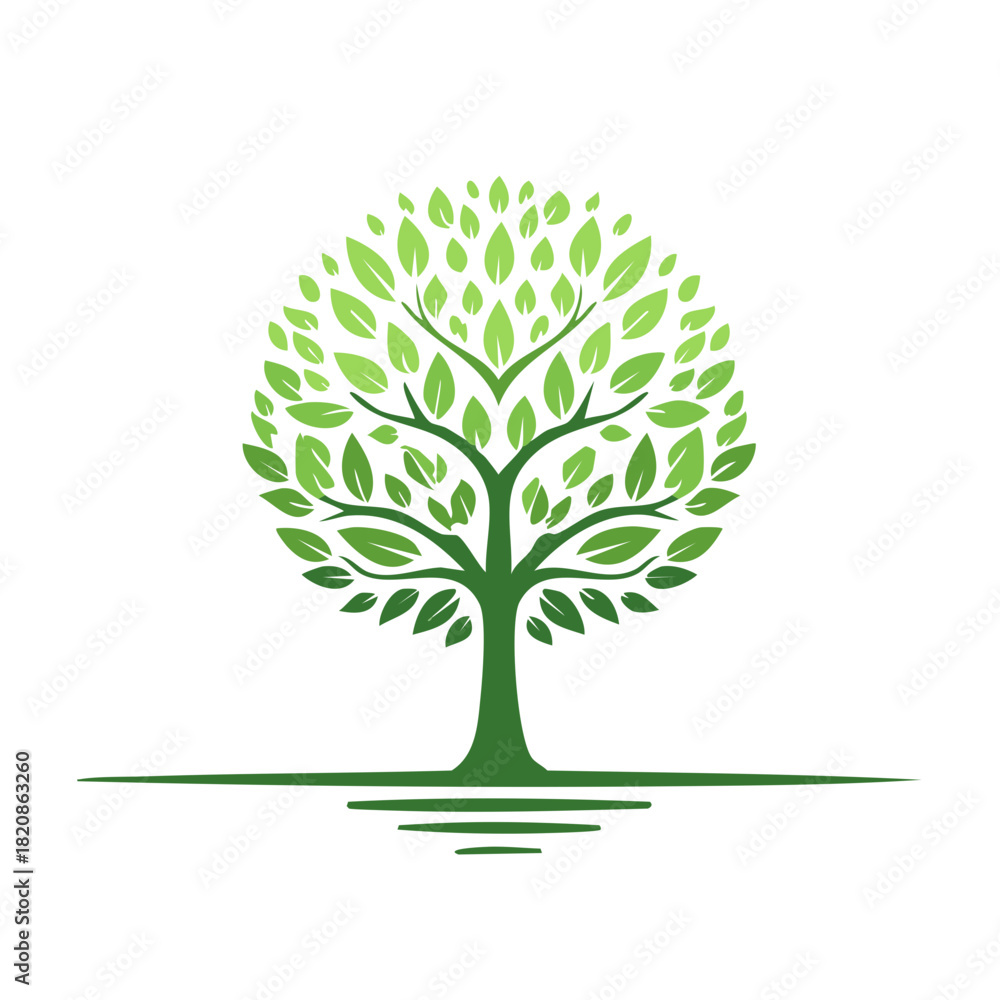 Obraz premium Green abstract tree with circular canopy and root system symbol