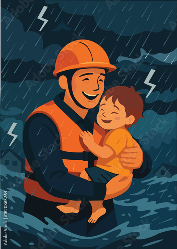 Baby with tears of joy and feeling safe in the arms of rescuers in the eye of the storm