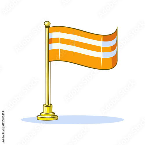 Orange and white striped flag waving on a golden flagpole with a shadow