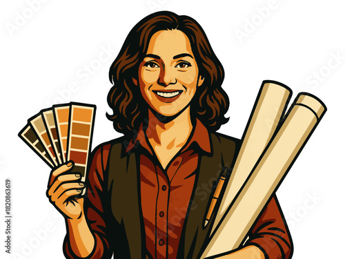 smiling female interior designer with color palette and architectural plans, symbolizing creativity and home design. Generative ai vector colorful pop art illustration.