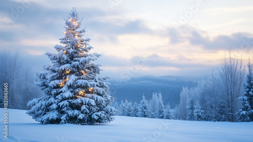 Christmas tree in forest. Christmas tree in snow covered pine woods at night