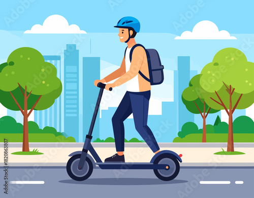 A man wearing a helmet and backpack rides an electric scooter on a city street with trees and buildings in the background.