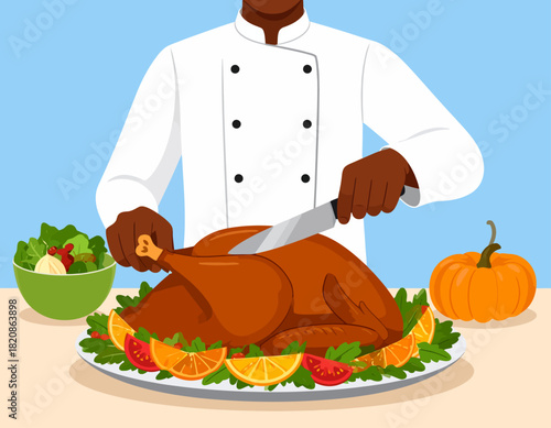 A chef in a white uniform carves a roasted turkey on a platter garnished with oranges and tomatoes, with salad and pumpkin.