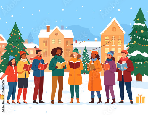 A diverse group of people are caroling in a snowy town square, holding songbooks and singing together in front of decorated buildings and Christmas trees.