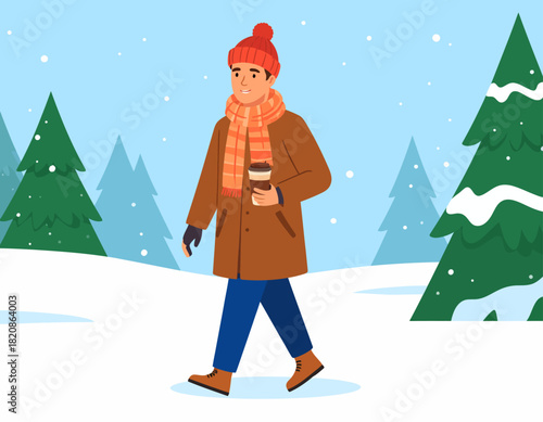 A man in winter clothing walks through a snowy landscape, holding a coffee cup, with evergreen trees and falling snow in the background.