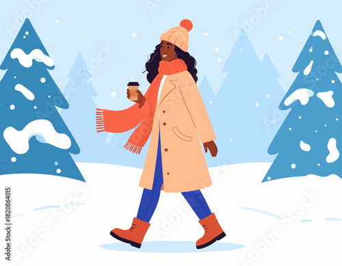 An African American woman in winter clothing walks through a snowy forest holding a coffee cup, with stylized evergreen trees in the background.